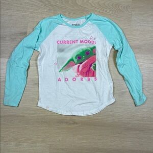 Star Wars Teal and White Baby Yoda CURRENT MOOD ADORBS Shirt 7/8